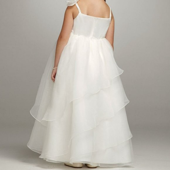 David's Bridal Flower Girl - spaghetti strap asymmetrical tiered organza gown - Picture 2 of 6